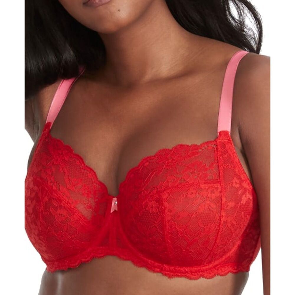 Freya Offbeat Side Support Bra Chilli Red Lace Pink Straps Size US 32I